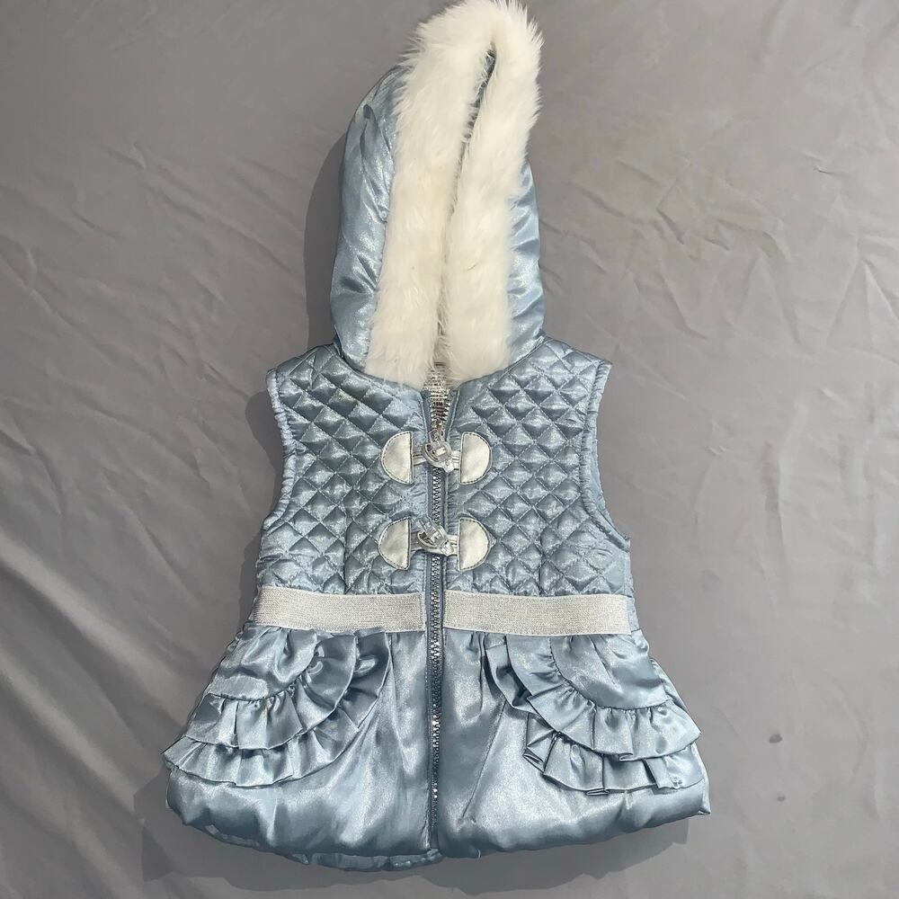Little Lass Baby Girls Metallic Quilted Hooded Vest – Size 18M – Faux Fur Hood